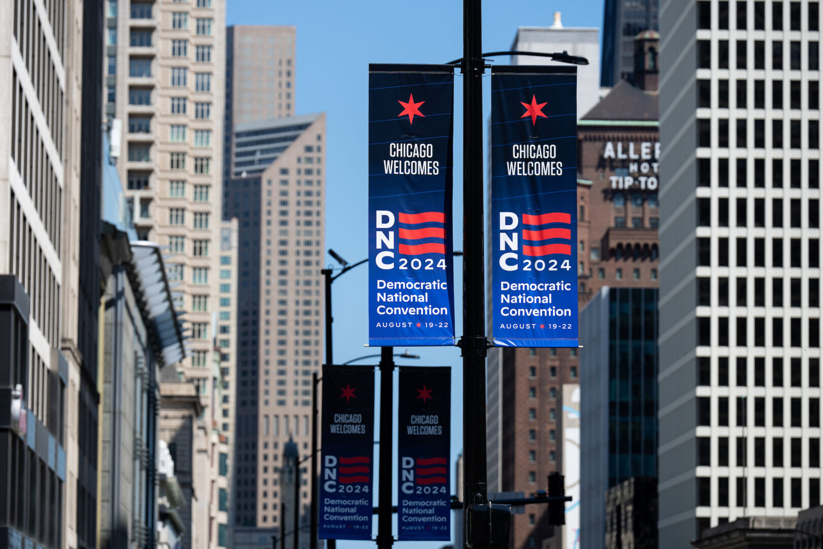 Banners along Michigan Avenue welcome the 2024 Democratic National Convention to Chicago. 