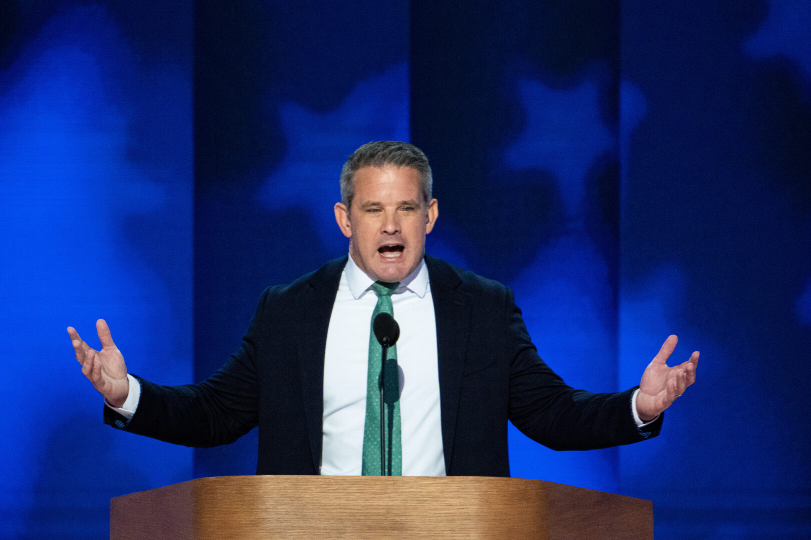 Former Rep. Adam Kinzinger, R-Ill., speaks during the final night of the 2024 Democratic National Convention.