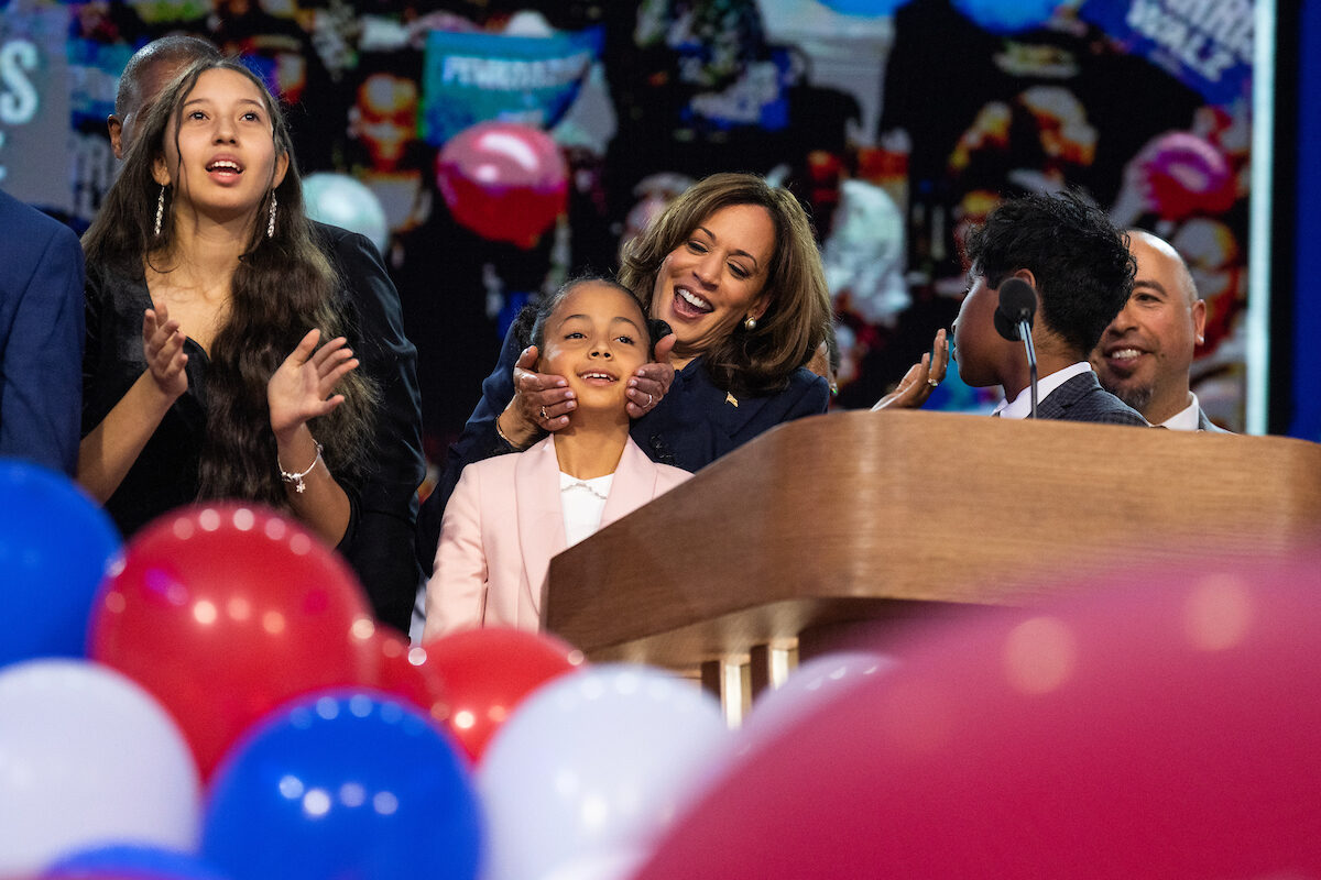 Vice President Kamala Harris, Democratic presidential nominee, celebrates with family members on the final night of the Democratic National Convention at the United Center in Chicago on Aug. 22.