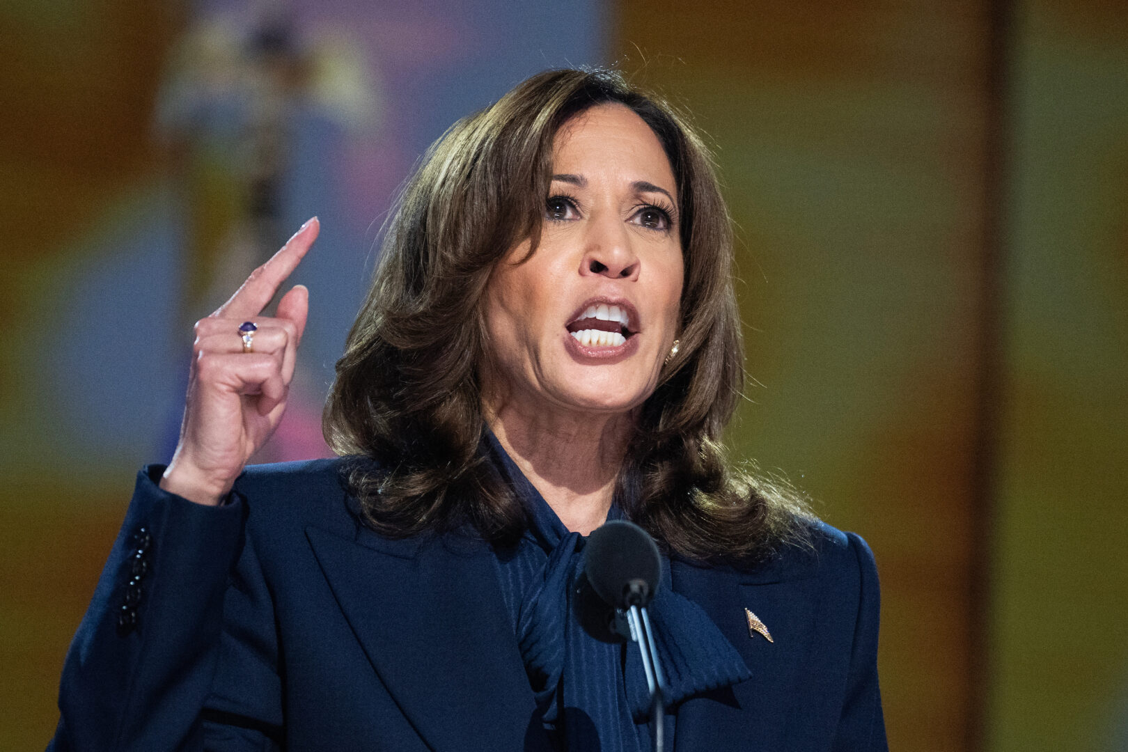 Vice President Kamala Harris delivers her acceptance speech as the Democratic presidential nominee, at the party's national convention in the United Center in Chicago on Thursday. (Tom Williams/CQ Roll Call)