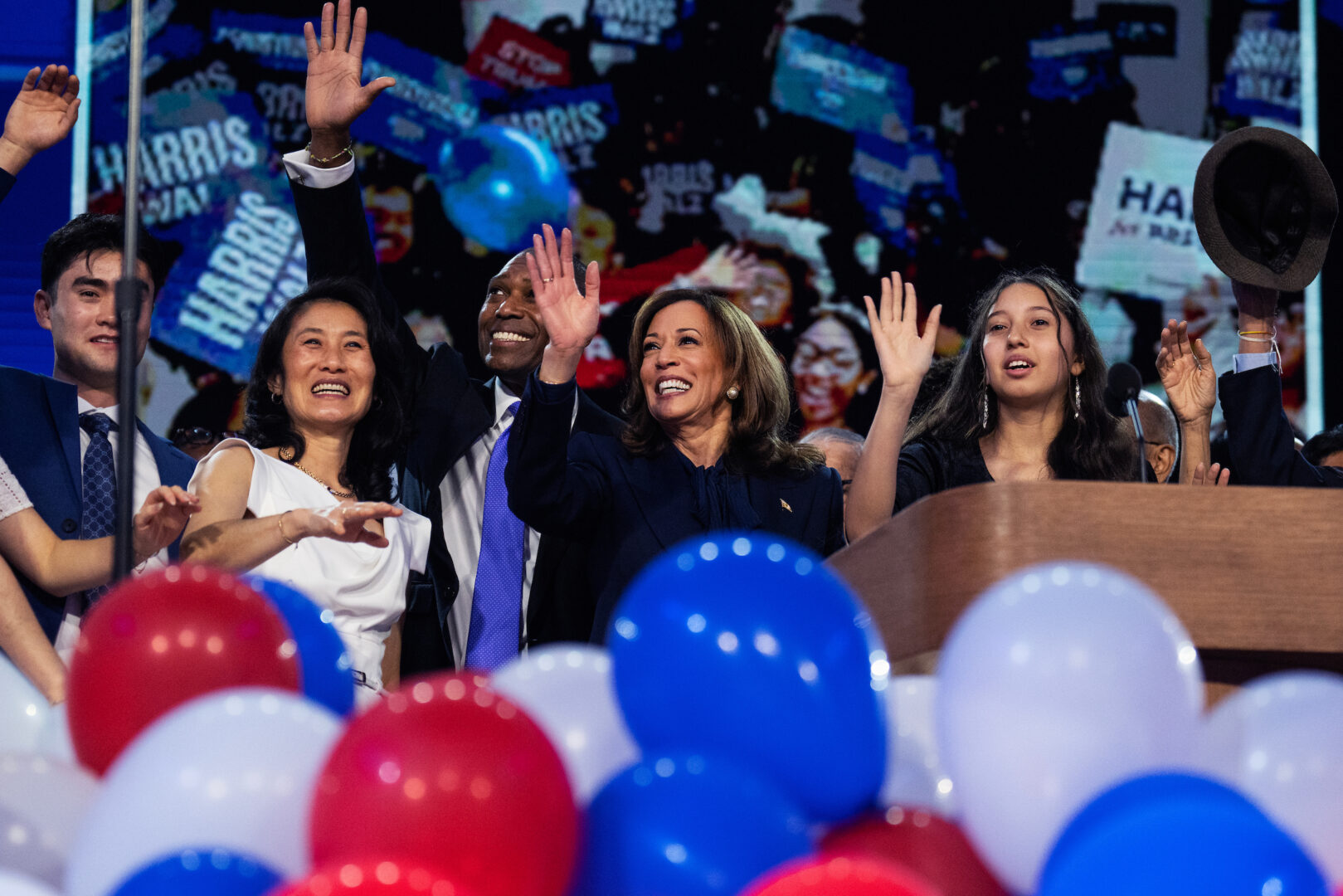 Vice President Kamala Harris, the Democratic presidential nominee, celebrates on the final night of the Democratic National Convention at the United Center in Chicago on Aug. 22.