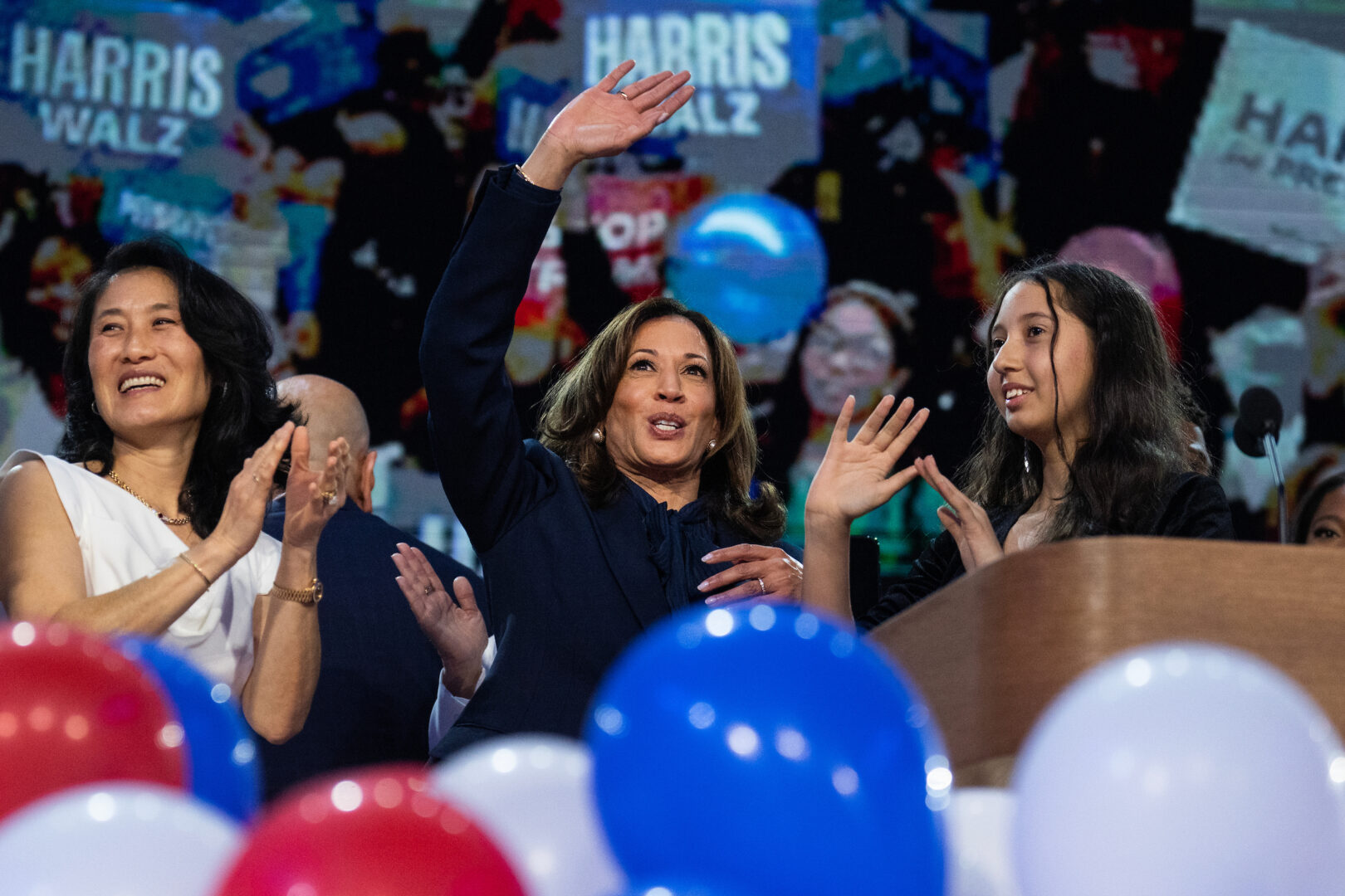 Vice President Kamala Harris, Democratic presidential nominee, celebrates on the final night of the Democratic National Convention at the United Center in Chicago, Ill., on Aug. 22.