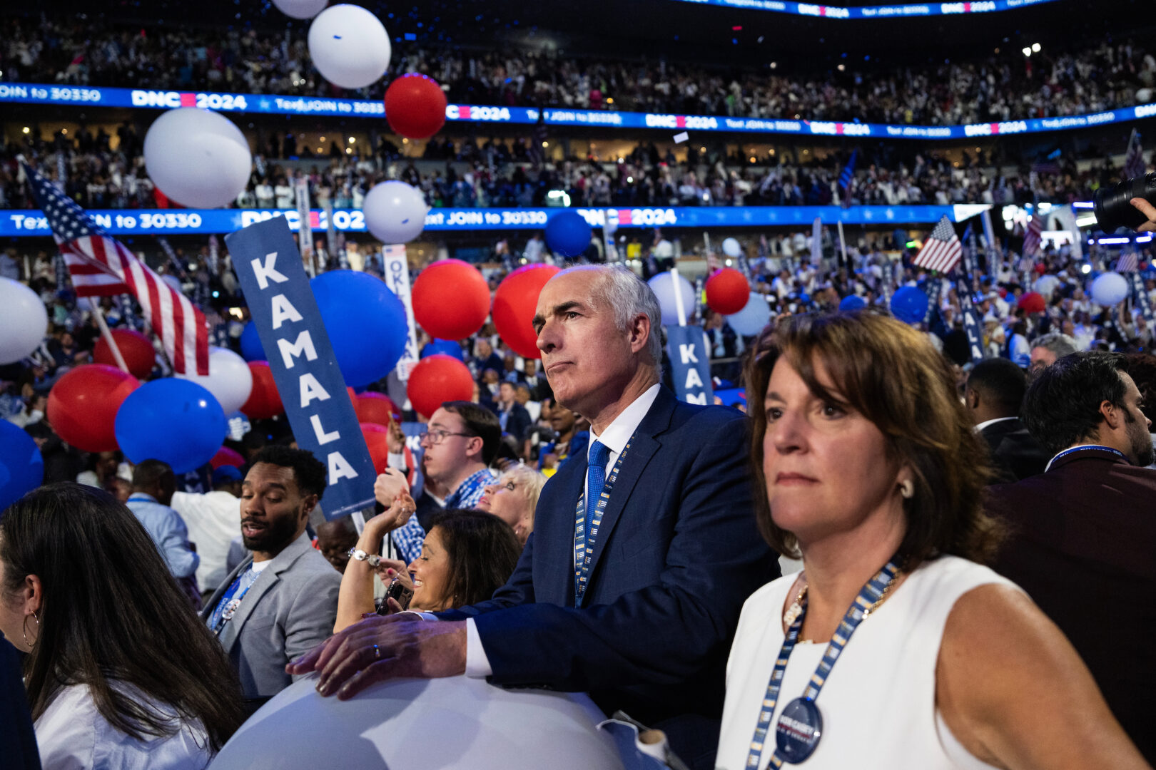 Pennsylvania Democratic Sen. Bob Casey and his wife, Terese, celebrate on the final night of the Democratic National Convention at the United Center in Chicago on Aug. 22.