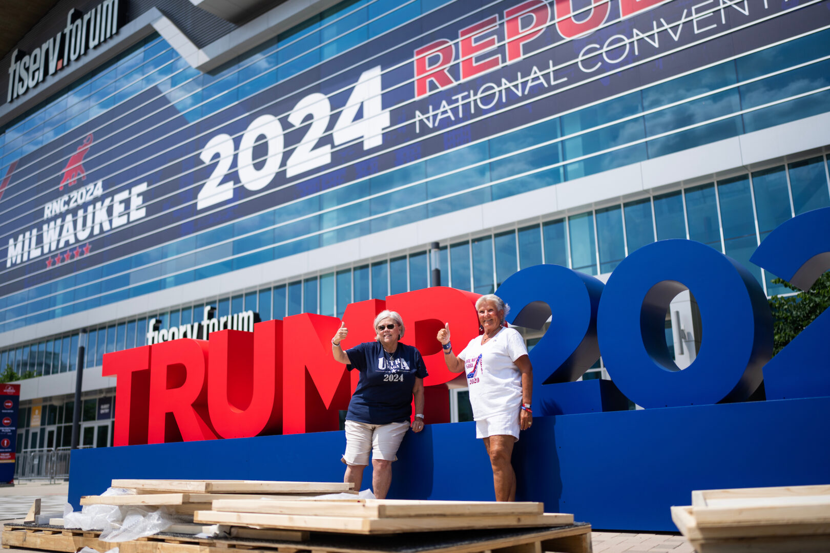 South Carolina delegates Gerri McDaniel, left, and Cindy Risher pose for a photo outside of the Fiserv Forum in Milwaukee on Saturday before the start of the Republican National Convention.