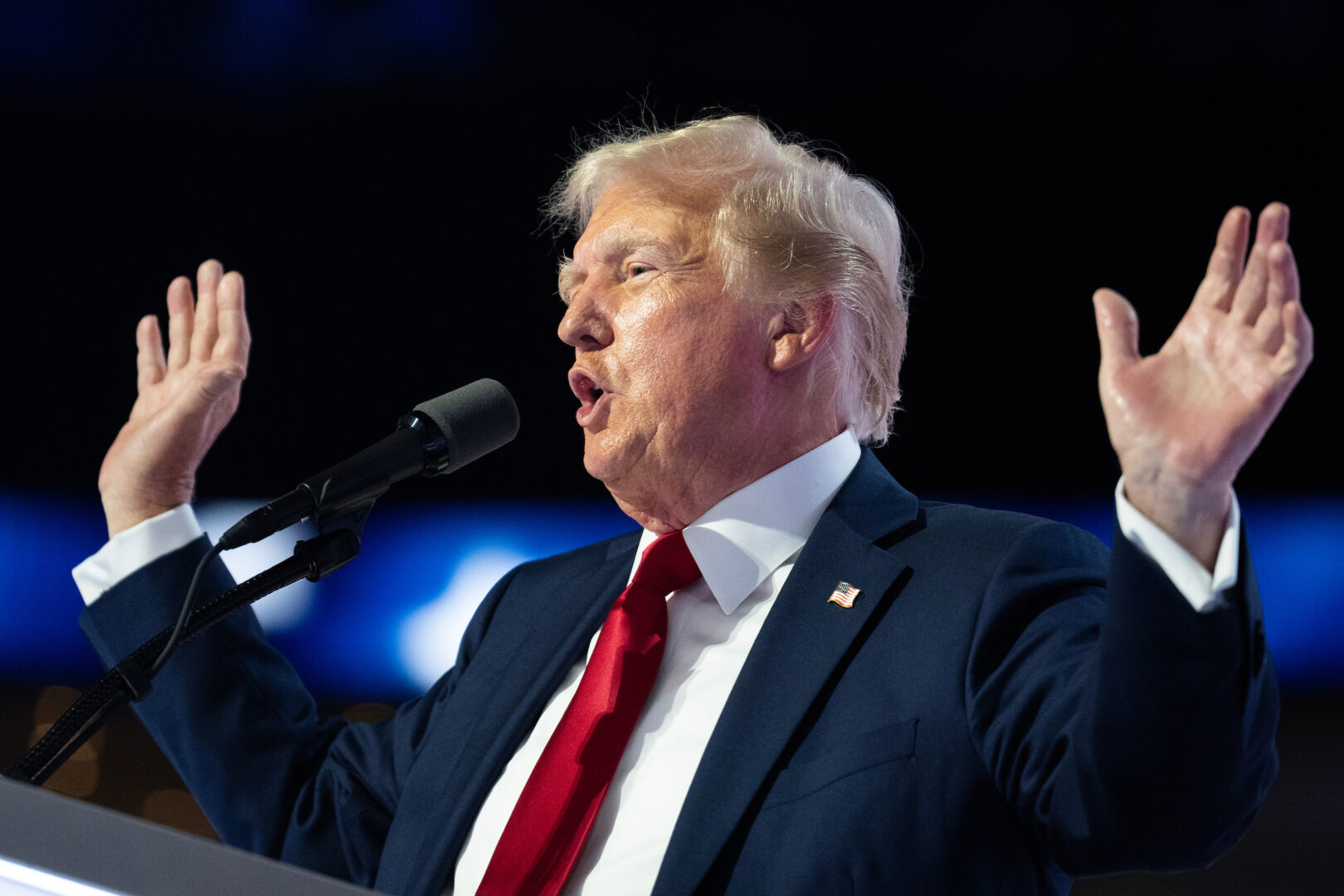 Former President Donald Trump speaks on the last night of the Republican National Convention in Milwaukee on July 18. 