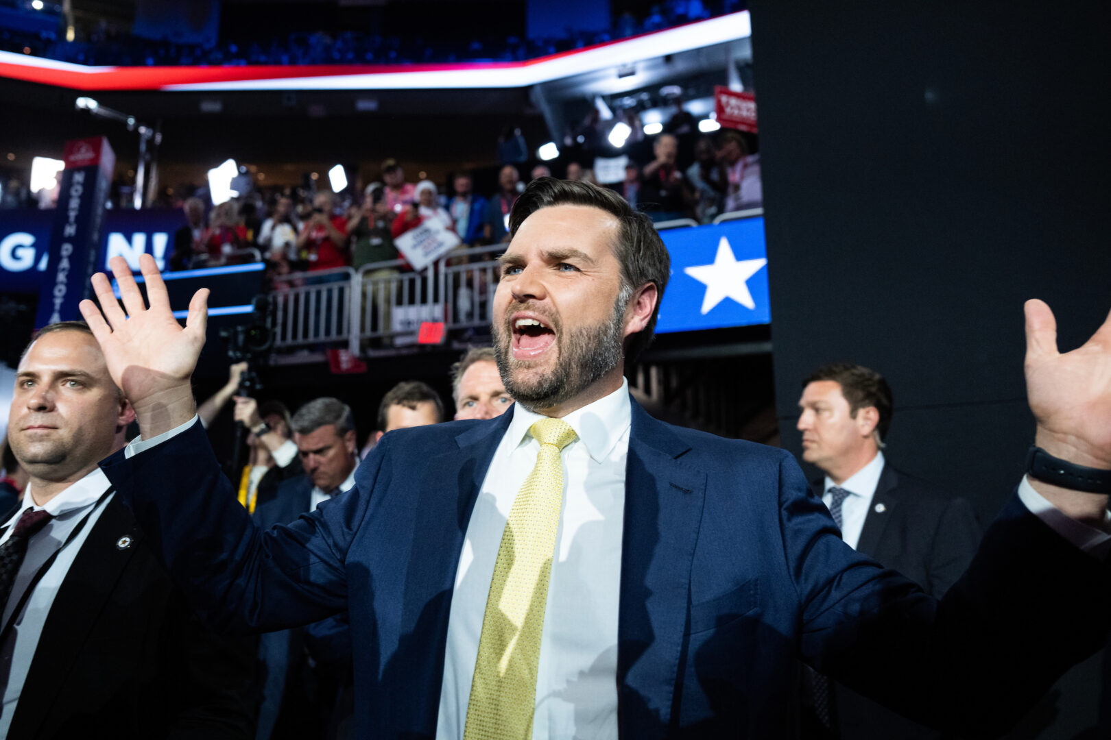 Sen. JD Vance, R-Ohio, arrives to the Fiserv Forum on the second day of Republican National Convention in Milwaukee on Tuesday.