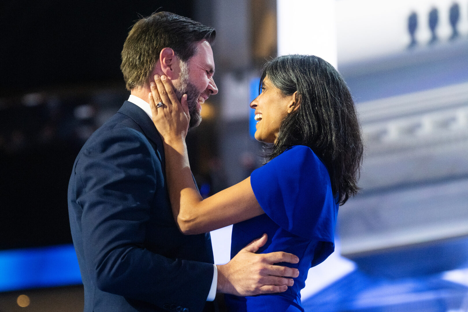 Ohio Sen. JD Vance, the Republican vice presidential nominee, greets his wife, Usha Chilukuri Vance, after he addressed the Republican National Convention in Milwaukee on Wednesday.