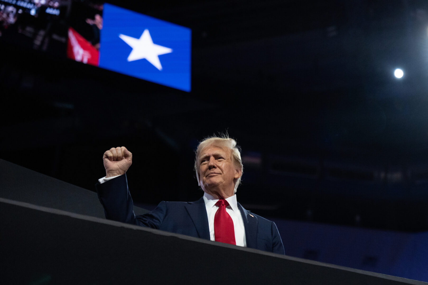 Former President Donald Trump is seen in the Fiserv Forum on the last night of the Republican National Convention in Milwaukee on July 18.