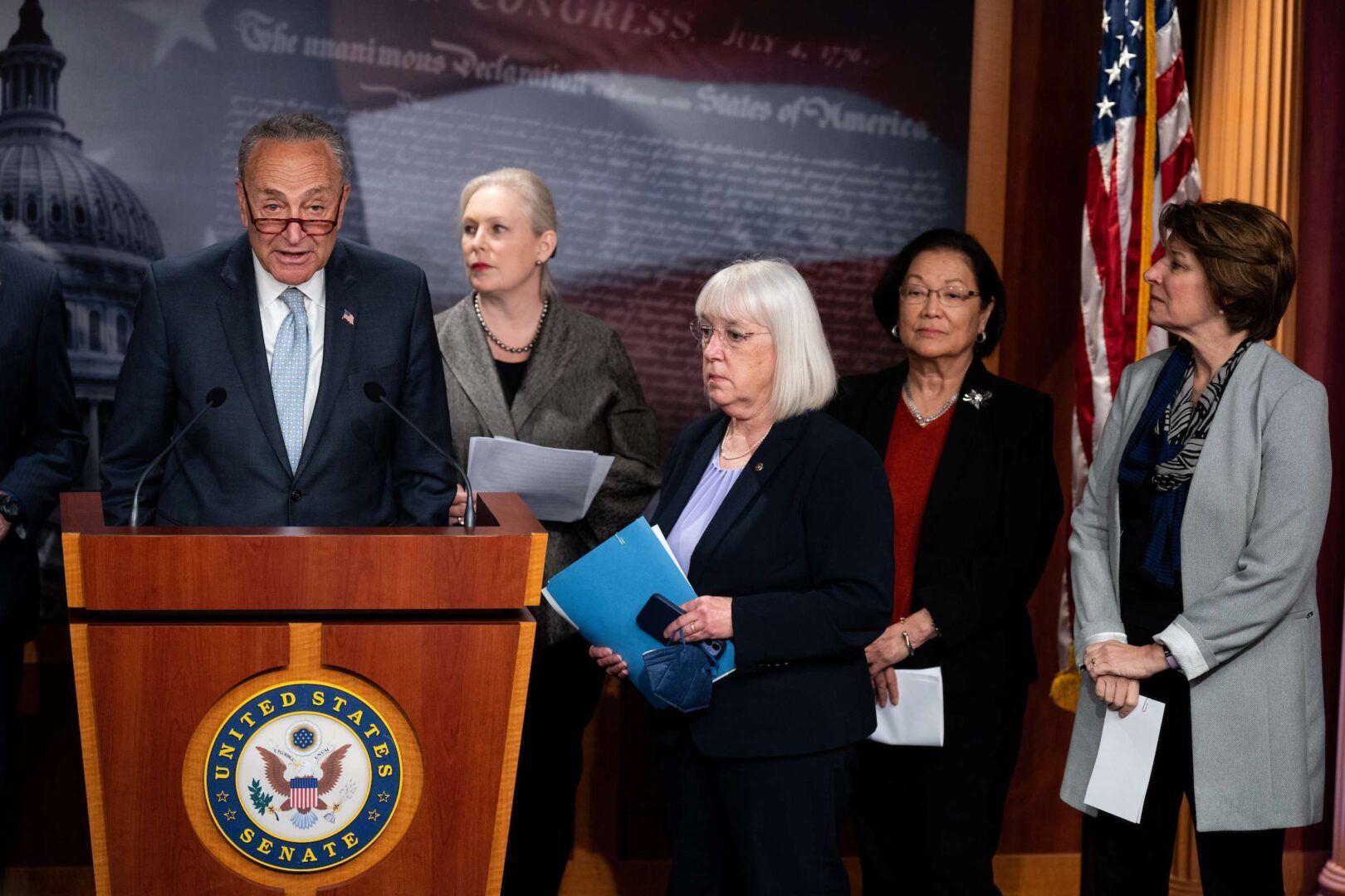 Senate Majority Leader Charles E. Schumer, D-N.Y., joined by, from left, Sens. Kirsten Gillibrand, D-N.Y., Patty Murray, D-Wash., Mazie K. Hirono, D-Hawaii, and Amy Klobuchar, D-Minn., speaks Thursday during a news conference to announce the Senate will vote on the Women's Health Protection Act of 2022.