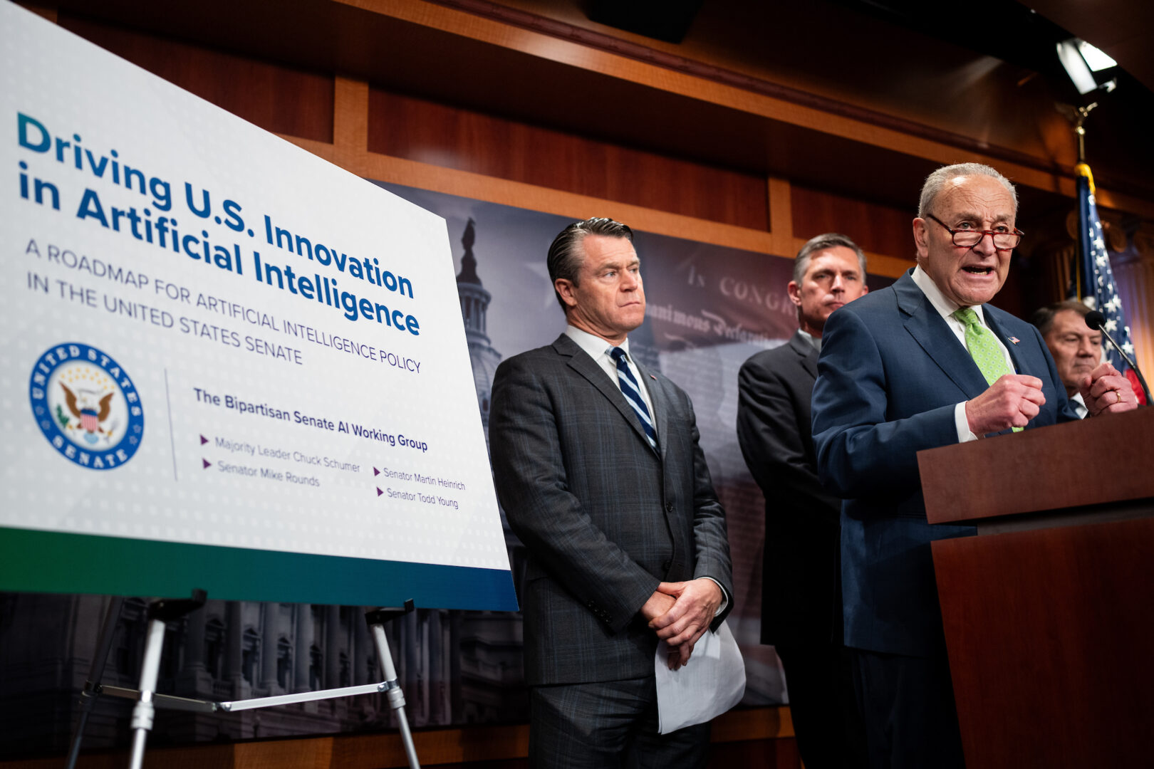 Schumer is flanked by Bipartisan Senate AI Working Group members Todd Young, R-Ind., Martin Heinrich, D-N.M., and Mike Rounds, R-S.D., at a news conference on Wednesday.