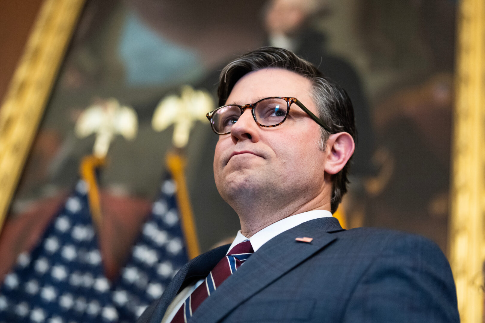 Religious Democrats see differences both theological and constitutional as they size up Speaker Mike Johnson, seen here at a Tuesday news conference about antisemitism on college campuses.