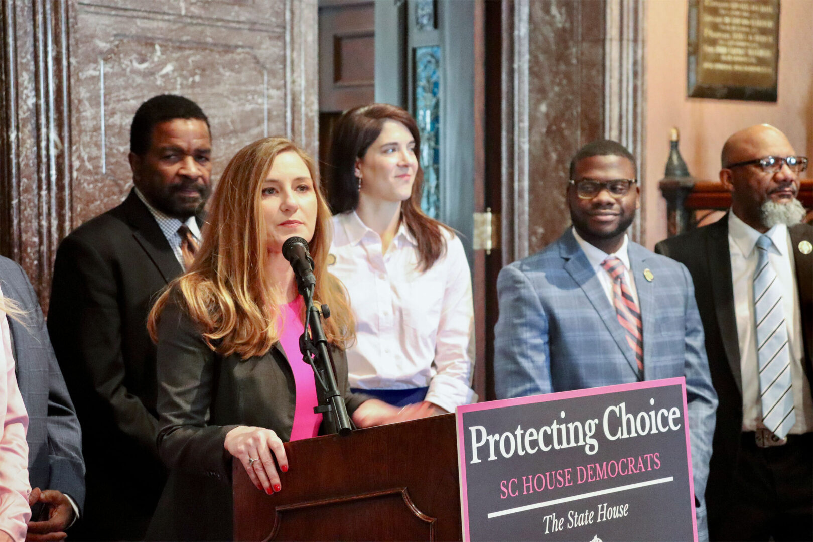 Democratic Rep. Spencer Wetmore unveils Democrats’ bill to safeguard abortion access in South Carolina last February. 