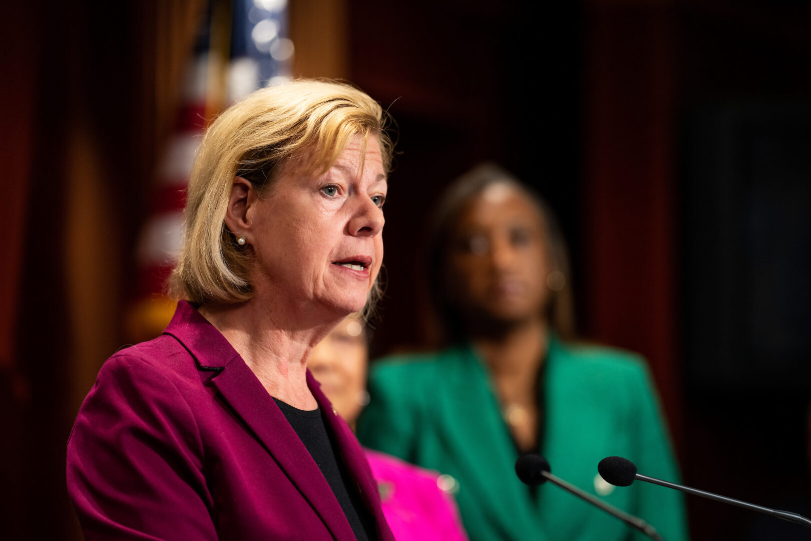 Sen. Tammy Baldwin, D-Wis., speaks during a news conference. Baldwin and Sen. Susan Collins, R-Maine, introduced a bill to reauthorize the cervical cancer detection program for fiscal years 2024 to 2028. 