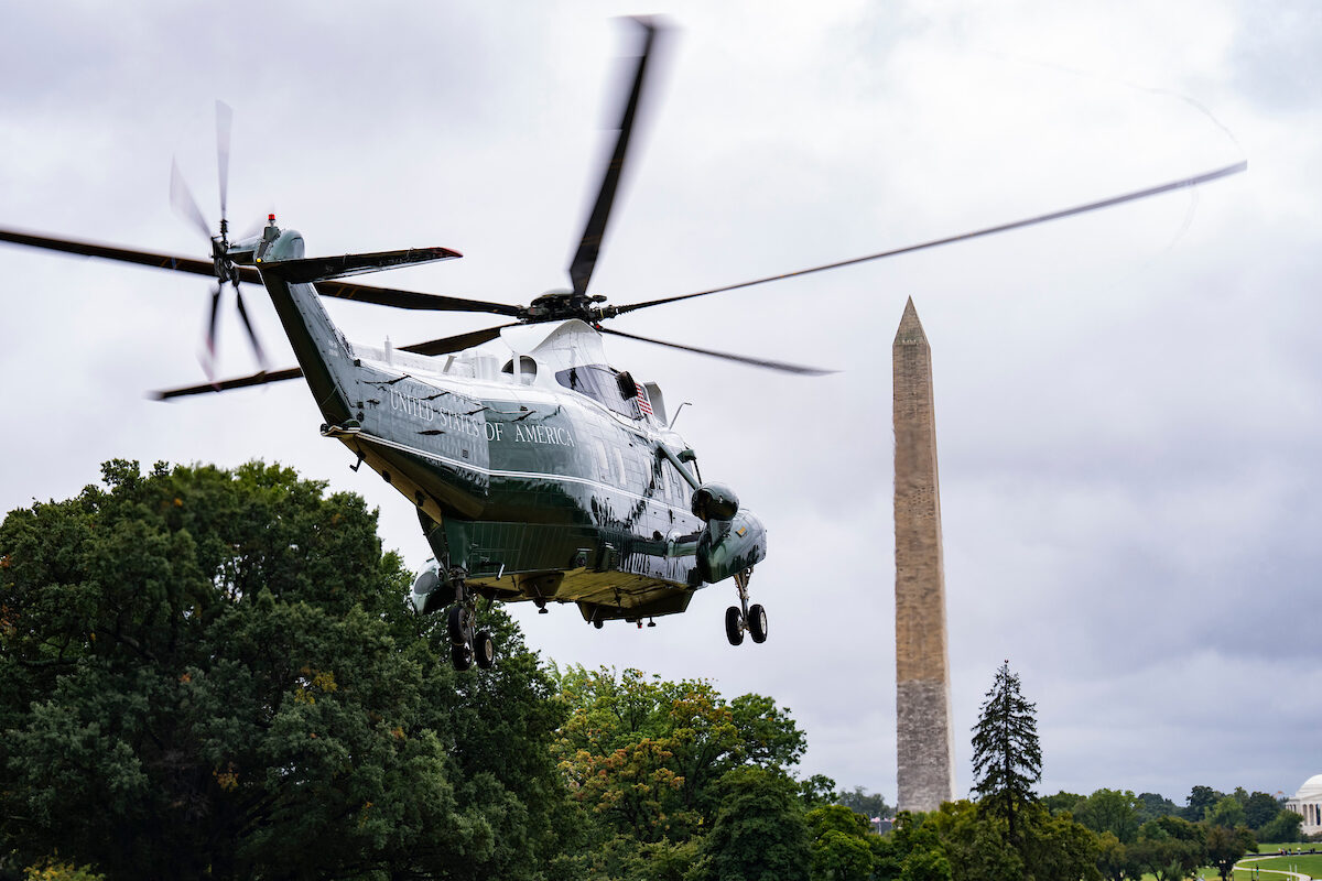 Marine One takes off from the South Lawn of the White House with President Joe Biden and first lady Jill Biden on board for a trip to Fort Myers, Fla., to review  Hurricane Ian damage on Oct. 5, 2022. (Tom Williams/CQ Roll Call)