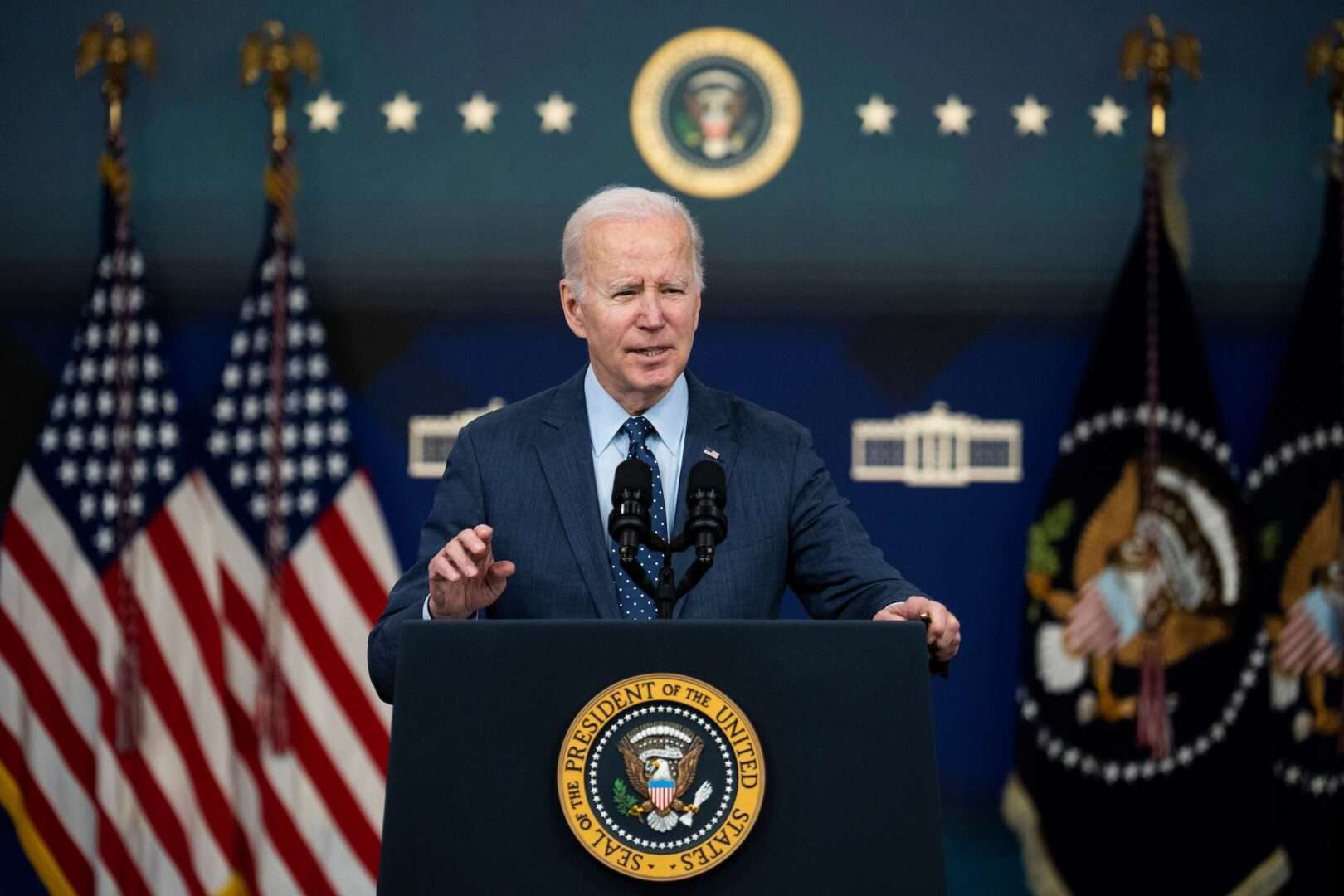 President Joe Biden addresses the media in the Eisenhower Executive Office Building on Feb. 16.