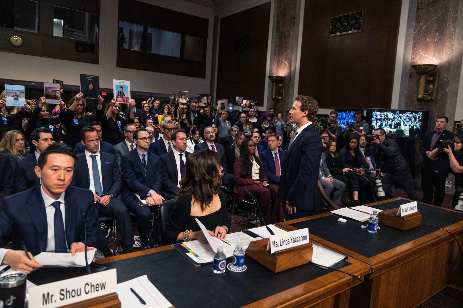 Mark Zuckerberg, CEO of Meta, apologizes to families of children who were harmed via unsafe social media platforms during a Senate Judiciary Committee hearing on Wednesday about big tech and online child sexual exploitation.