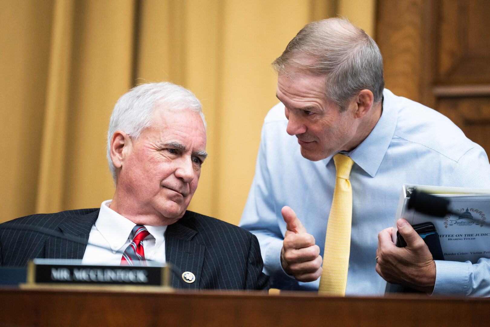 Chairman Rep. Jim Jordan, R-Ohio, right, and Rep. Tom McClintock, R-Calif., attend the House Judiciary Committee hearing Tuesday.