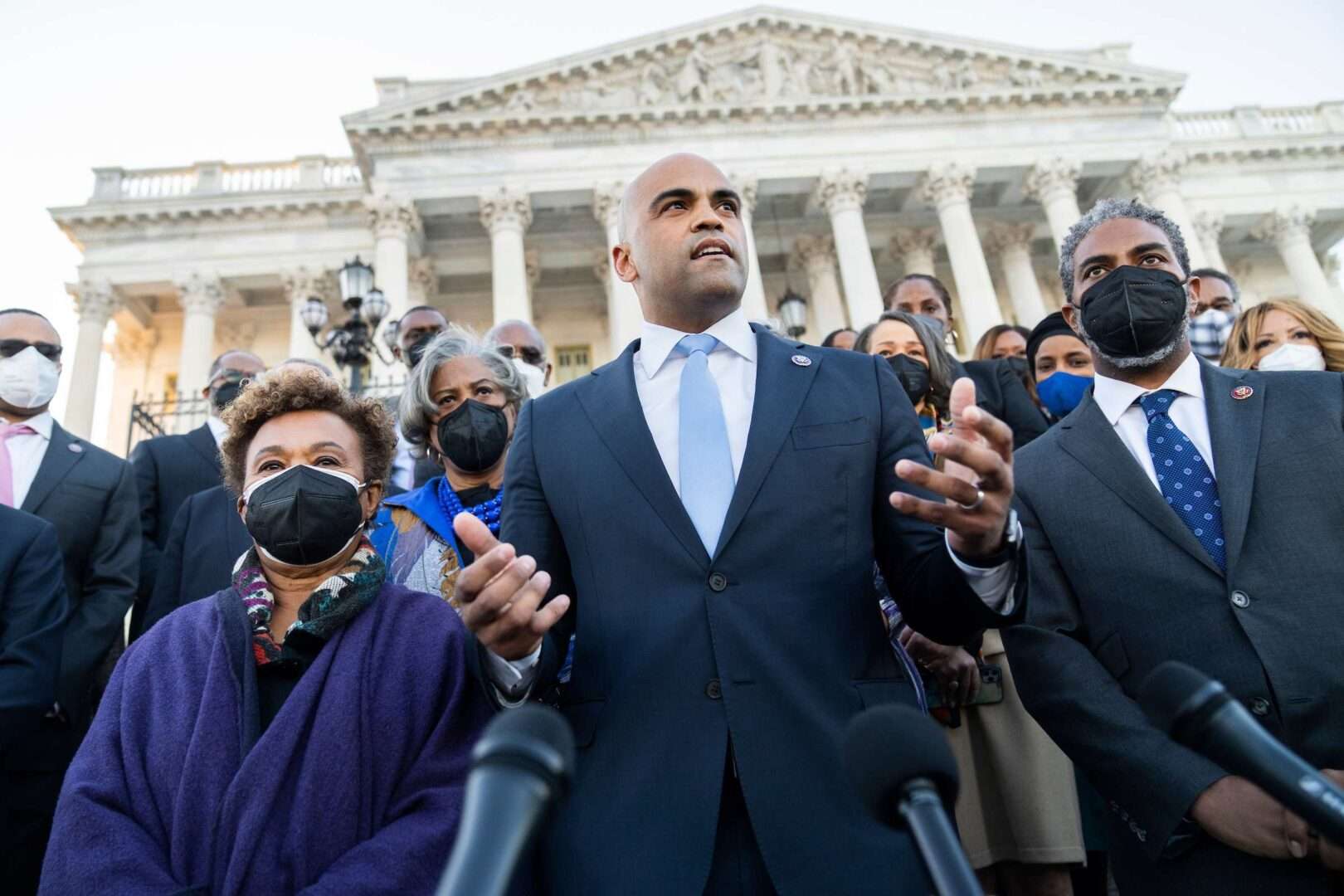 Rep. Colin Allred, a Democrat seeking the nomination for Senate in Texas next year, joined members of the Congressional Black Caucus on the House steps on Feb. 8, 2022. 