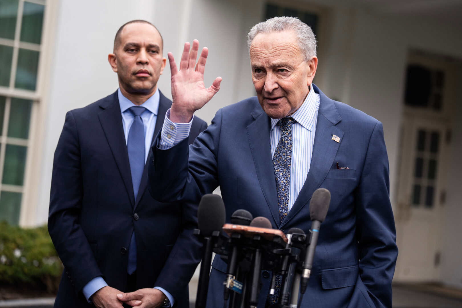 Senate Majority Leader Charles E. Schumer, D-N.Y., right, and House Minority Leader Hakeem Jeffries, D-N.Y., address the media at the White House after a meeting with President Joe Biden and Vice President Kamala Harris on funding the government and avoiding a shutdown on Tuesday. Speaker Mike Johnson, R-La., and Senate Minority Leader Mitch McConnell, R-Ky., also attended the meeting.