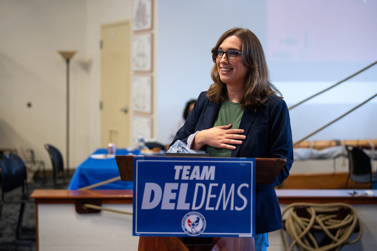 Sarah McBride, a Democrat running for Delaware’s congressional seat, speaks at the Wilmington Democratic Committee annual fish fry in Wilmington, Del., on July 27. (Bill Clark/CQ Roll Call)