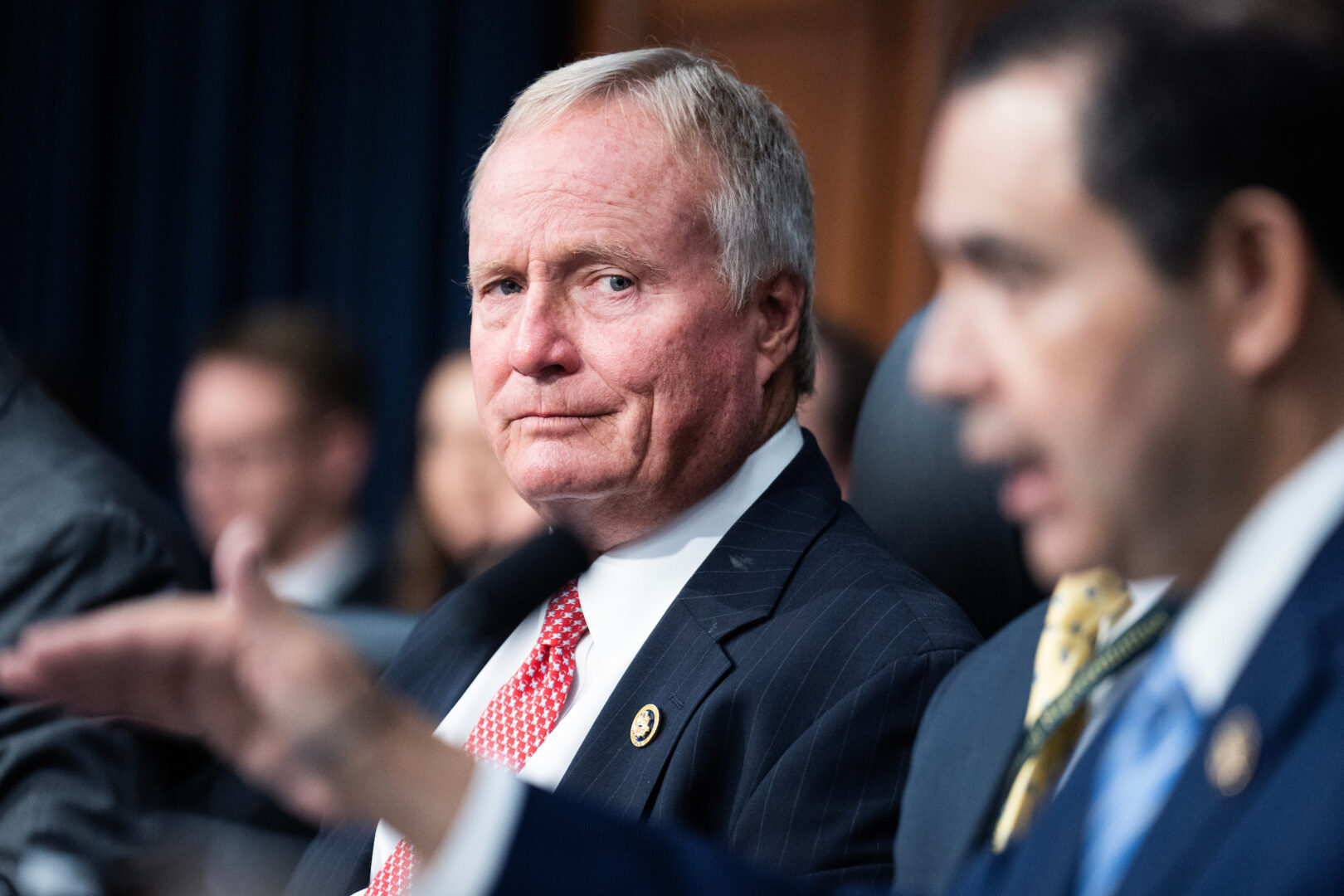 Reps. David Joyce, R-Ohio, left, and Henry Cuellar, D-Texas, conduct a House Homeland Security Appropriations Subcommittee budget hearing on Wednesday with DHS Secretary Alejandro Mayorkas.