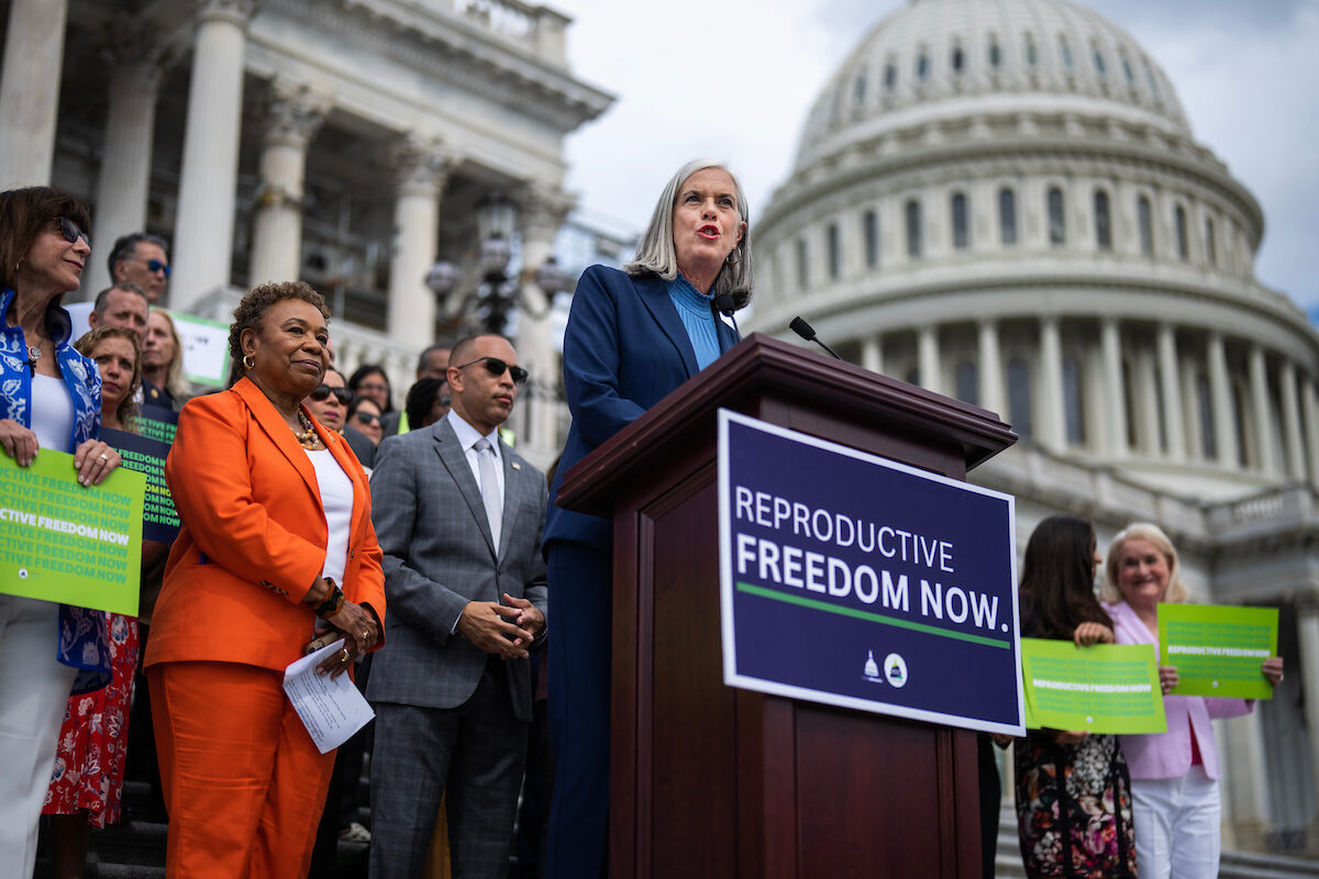 House Minority Whip Katherine Clark, D-Mass., speaks during a rally to mark the two-year anniversary of the Supreme Court’s Dobbs v. Jackson Women’s Health Organization that overturned Roe v. Wade on June 27, 2024.