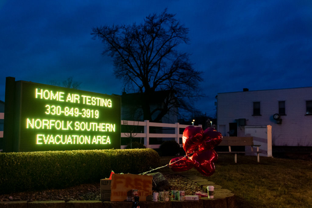 A sign displayed information for residents to receive air quality tests from Norfolk Southern Railway on Thursday in East Palestine, Ohio. 