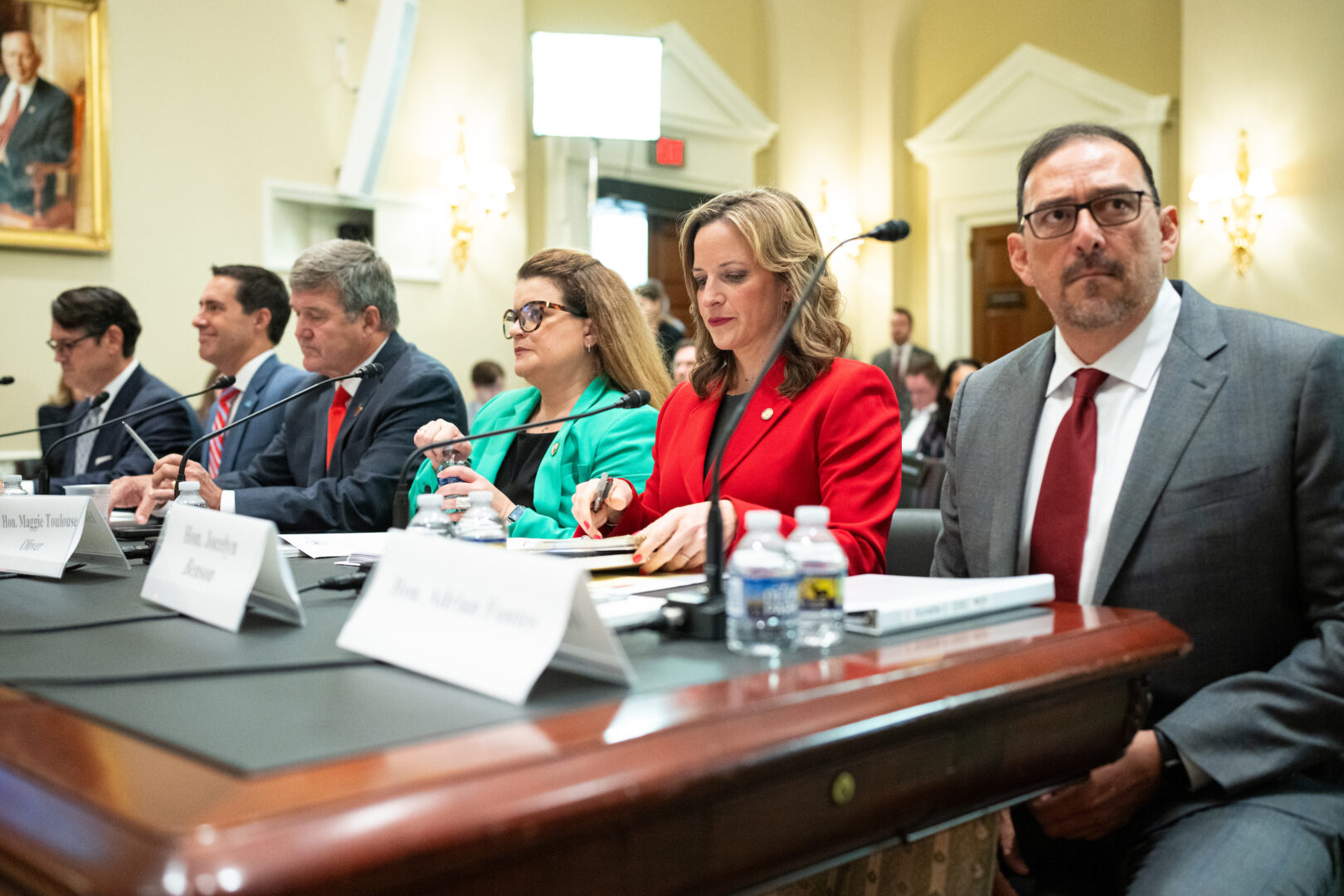 Six secretaries of state testified at a House Administration Committee hearing Wednesday. From right, Adrian Fontes of Arizona, Jocelyn Benson of Michigan, Maggie Toulouse Oliver of New Mexico, Mac Warner of West Virginia, Frank LaRose of Ohio and Cord Byrd of Florida. 