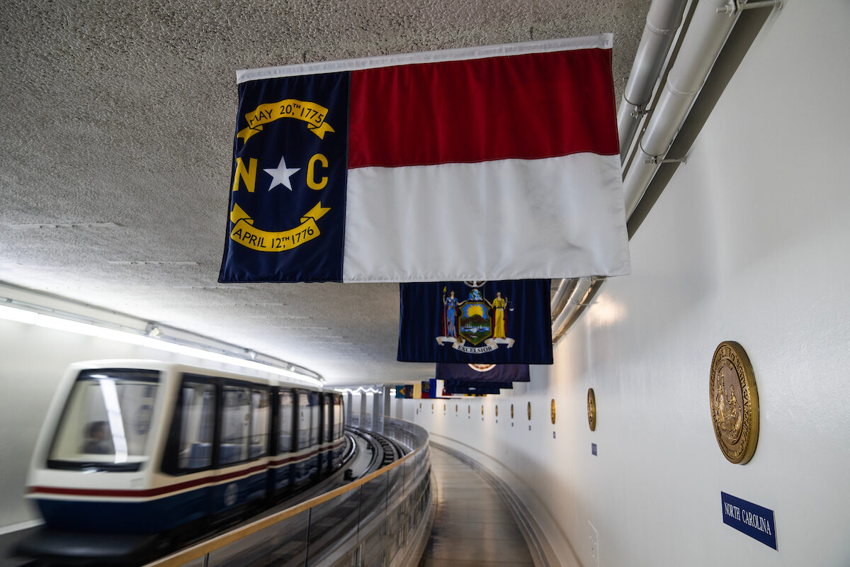 The state flag of North Carolina is seen in the Senate subway tunnel. The state's gubernatorial election might have an outsize effect on the presidential election, give the unique electorate.