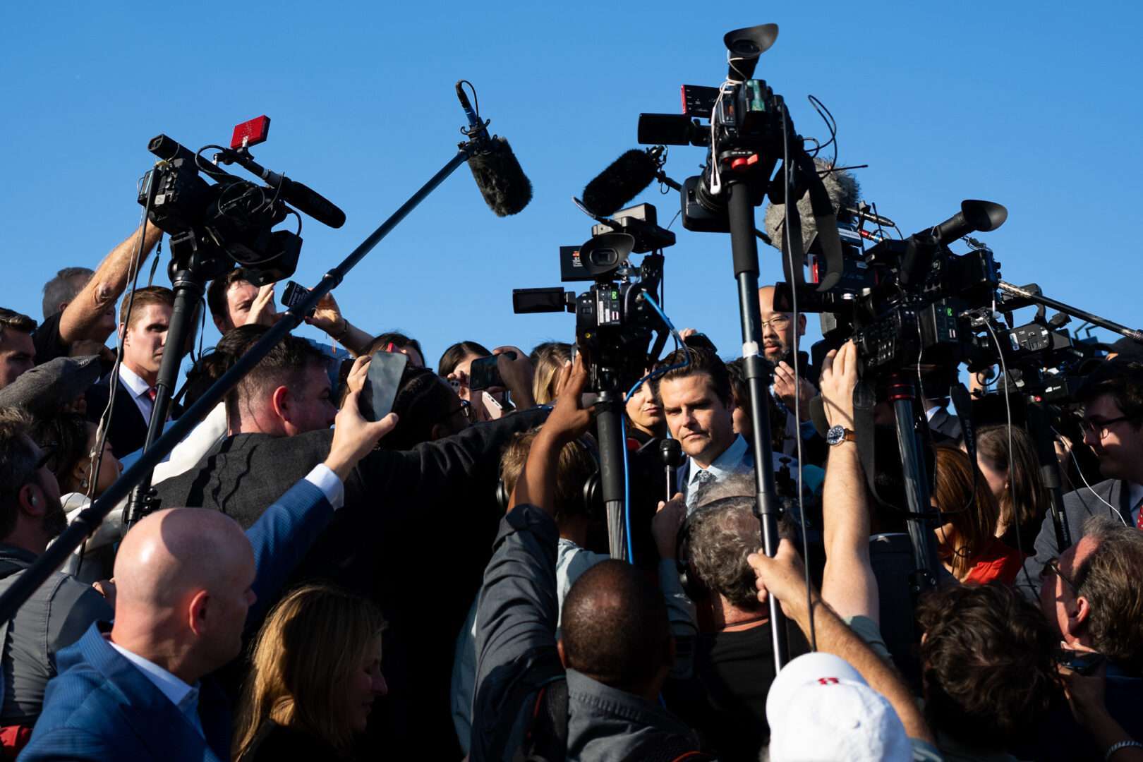 Rep. Matt Gaetz, R-Fla., speaks to the media on the House steps of the Capitol after his motion to vacate the office of the speaker passed on Tuesday. (Bill Clark/CQ Roll Call)