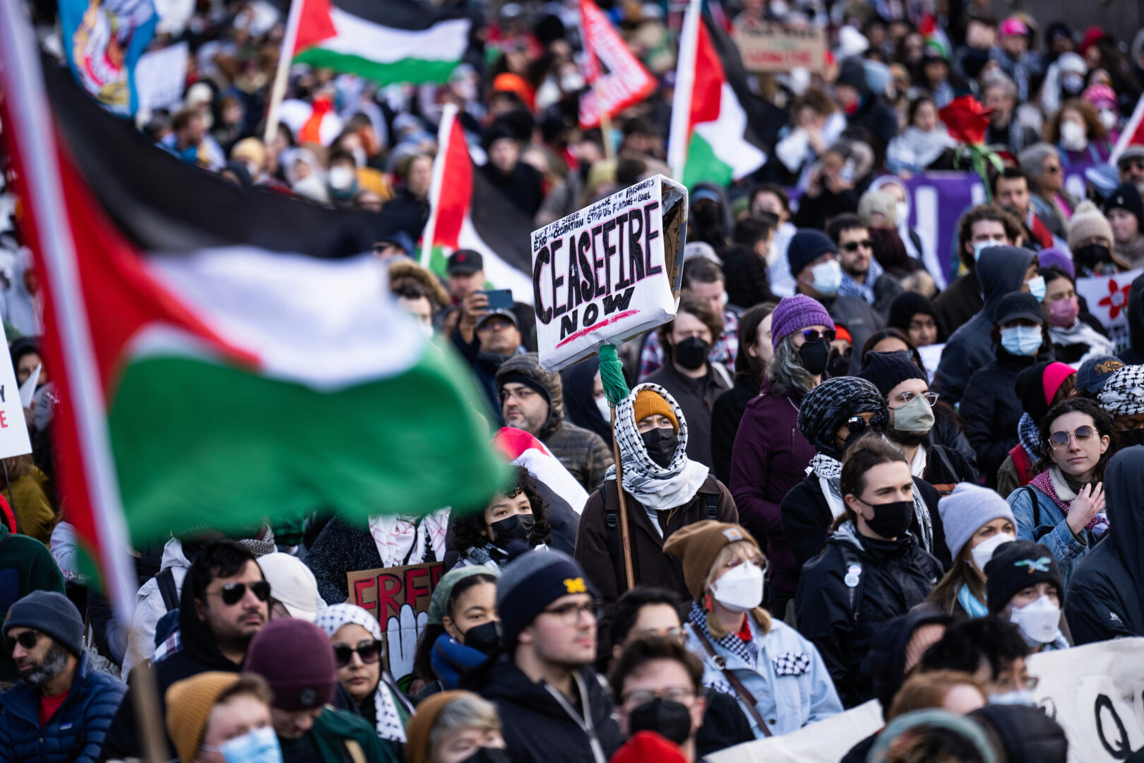 Demonstrators attend the March on Washington for Gaza at Freedom Plaza to call for a ceasefire in the Israel-Hamas war on Jan. 13.