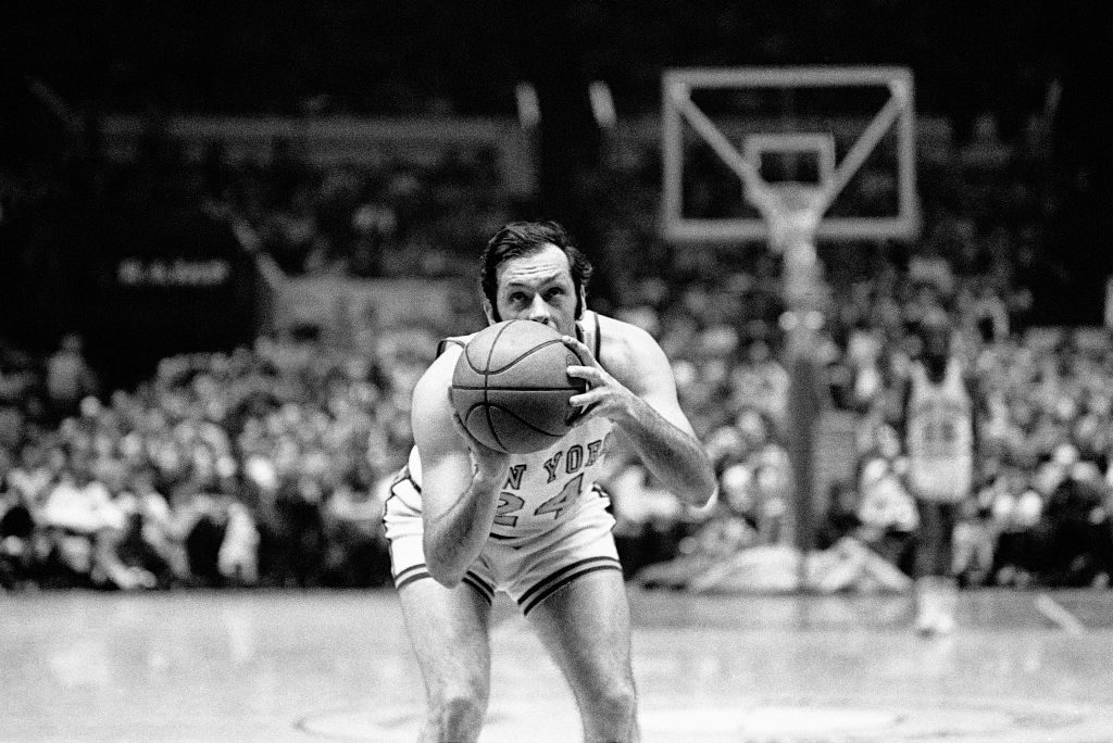 Former Sen. Bill Bradley, seen here during his playing days with the New York Knicks in October 1973 at Madison Square Garden in New York, has a new documentary one-man show, "Rolling Along," about his life. 