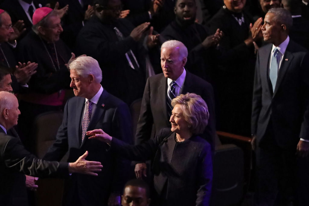 Former President Bill Clinton, former first lady and Secretary of State Hillary Clinton, now-President Joe Biden and former President Barack Obama at the funeral service for Rep. Elijah Cummings, D-Md., in Baltimore on Oct. 25, 2019.