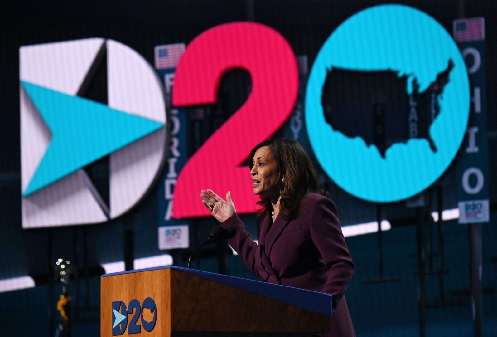 Sen. Kamala Harris, D-Calif., accepts the party's nomination to be vice president during the third day of the Democratic National Convention.