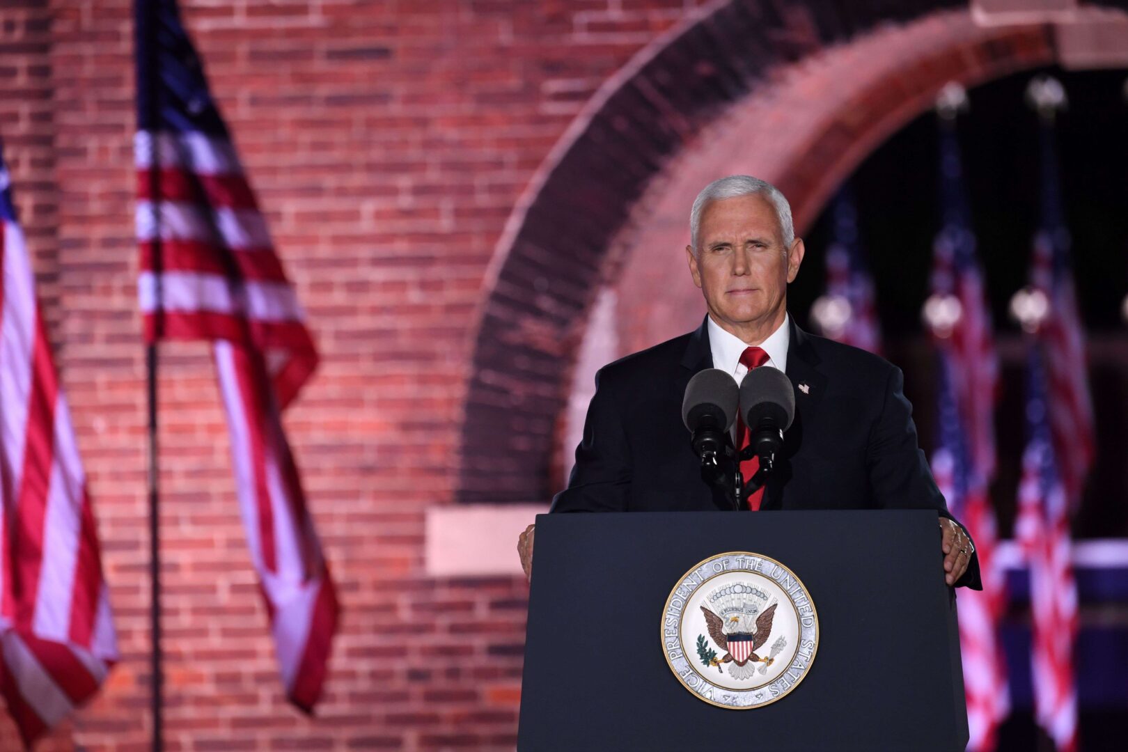 Vice President Mike Pence speaks during the third night of the Republican National Convention at Fort McHenry National Monument in Baltimore on Aug. 26.