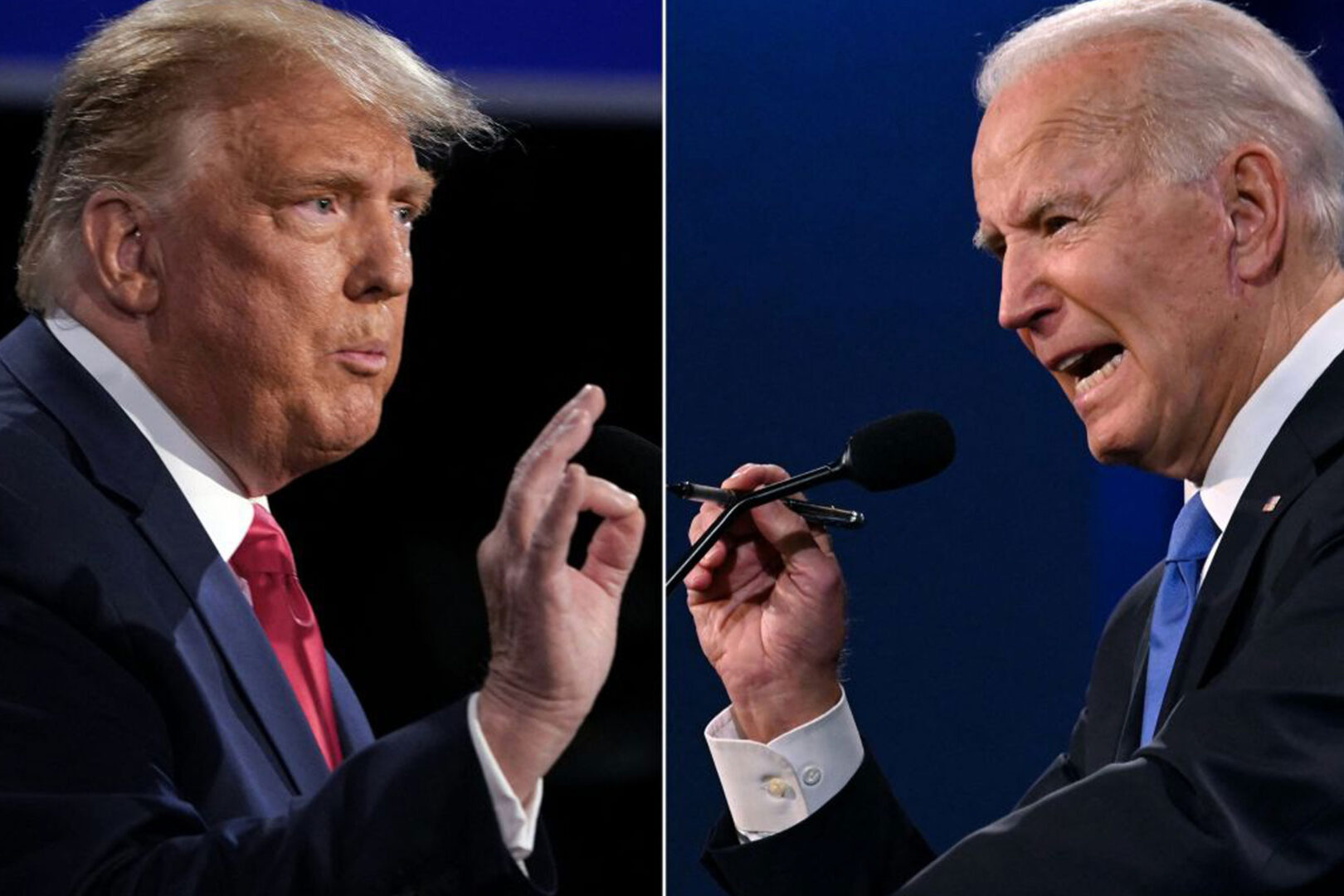 A combination of Oct. 22, 2020, pictures of then-President Donald Trump, left, and Democratic rival Joe Biden during their final presidential debate at Belmont University in Nashville, Tenn.