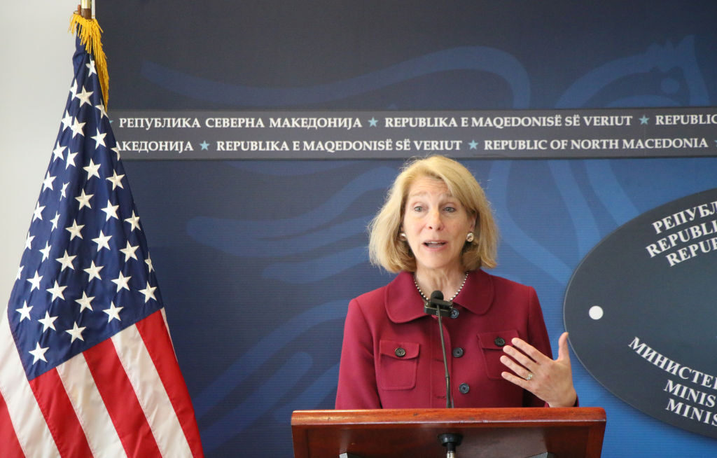 Then-Assistant Secretary of State for European and Eurasian Affairs Karen Donfried speaks at a news conference with  North Macedonian Foreign Minister Bujar Osmani (not seen) in Skopje, North Macedonia, on April 27, 2022.