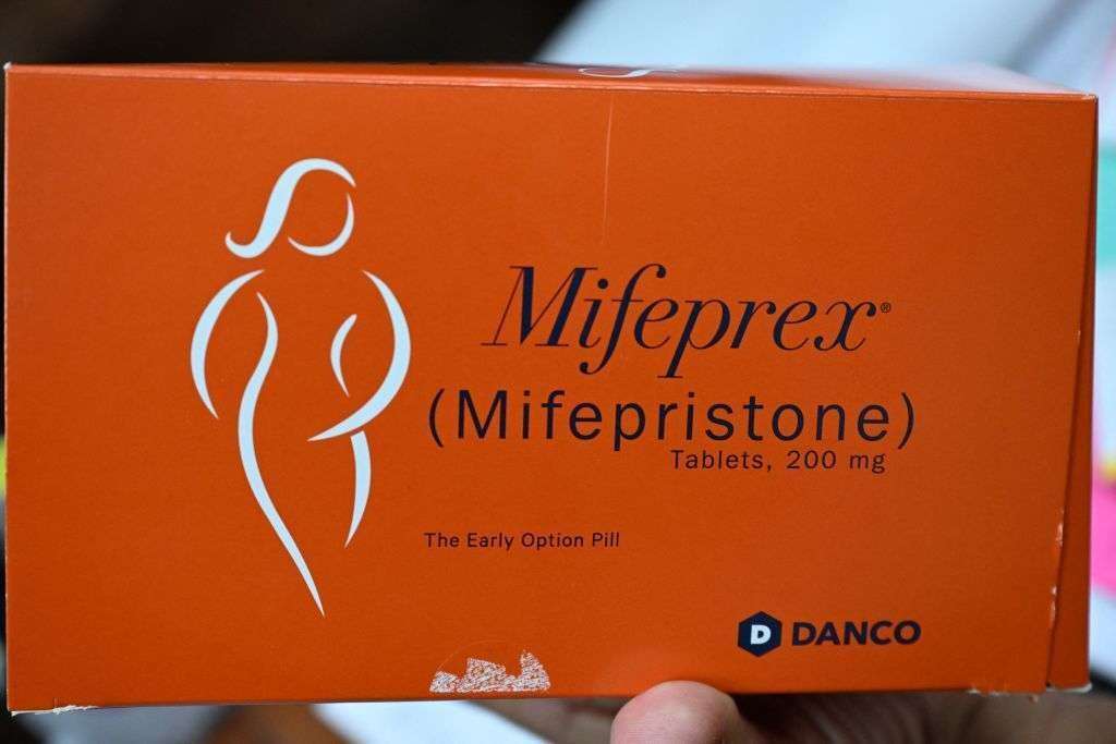 Mifepristone, one of the two drugs used in a medication abortion, is displayed at a reproductive clinic.