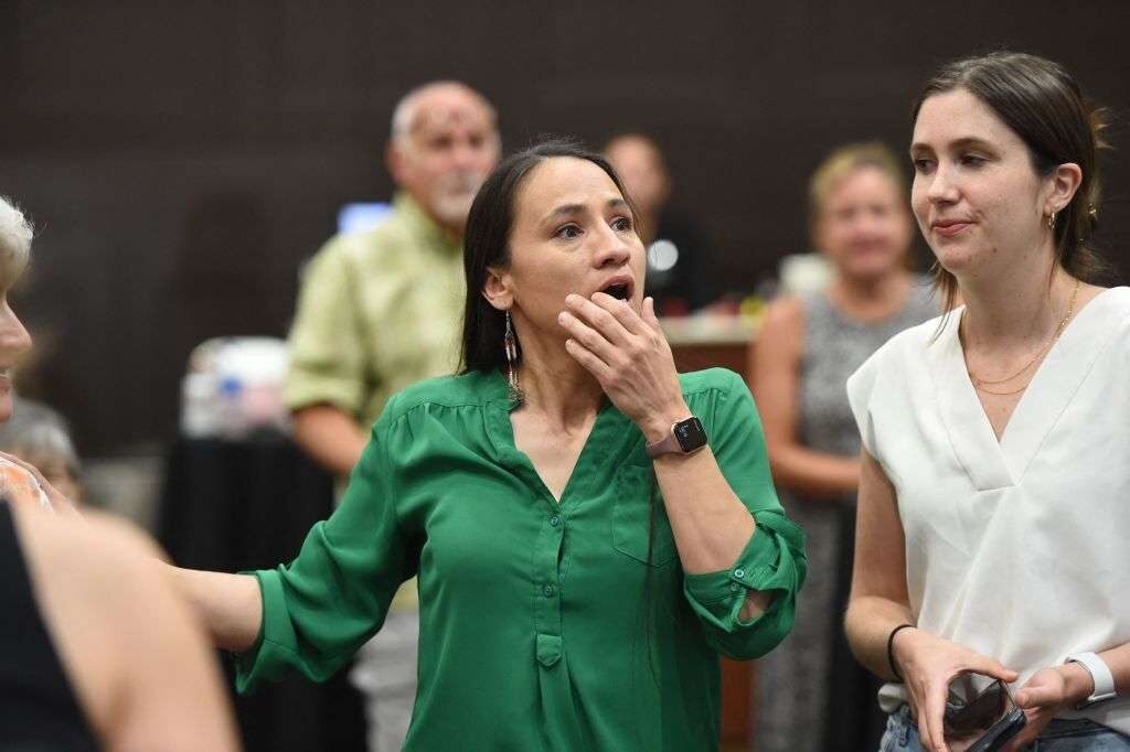 Kansas Democratic Rep. Sharice Davids reacts to the announcement that a proposed constitutional amendment on abortion was defeated during an election watch party in Overland Park on Aug. 2.