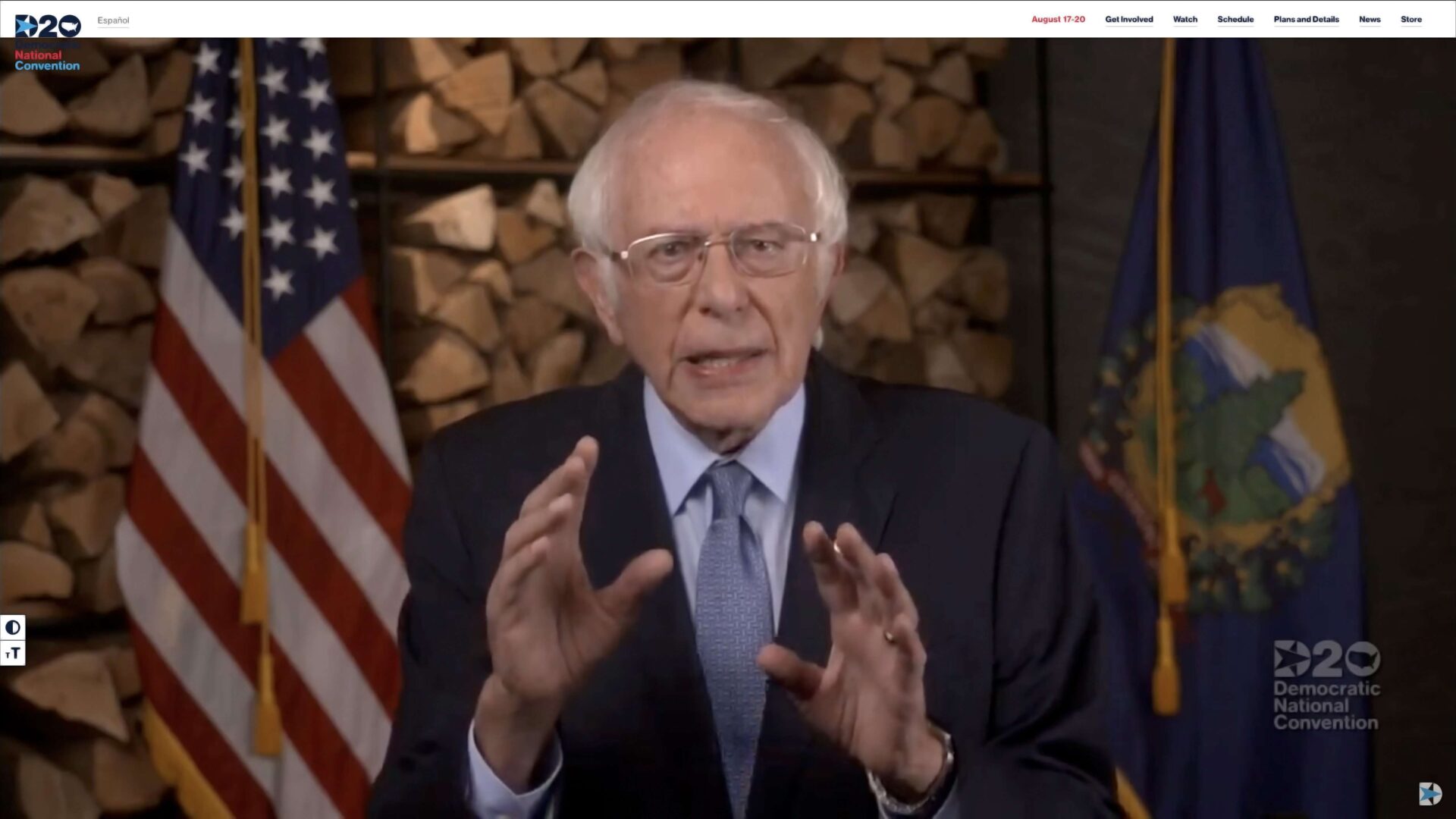 A screenshot of independent Vermont Sen. Bernie Sanders addressing the virtual Democratic National Convention on Monday.