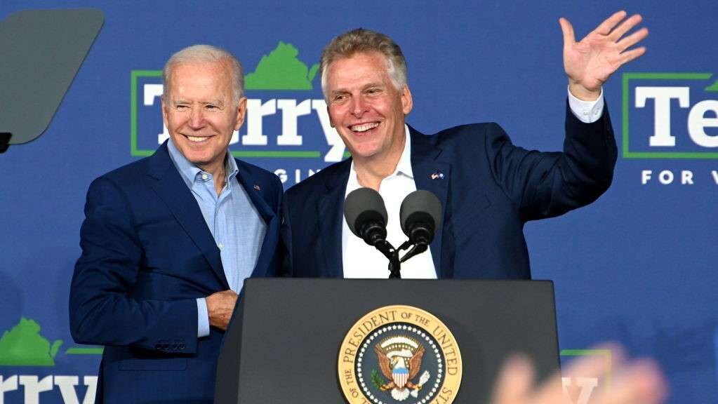 President Joe Biden campaigns with Democrat Terry McAuliffe, who is seeking a return to the Virginia governor’s mansion, in Arlington, Va., on July 23.