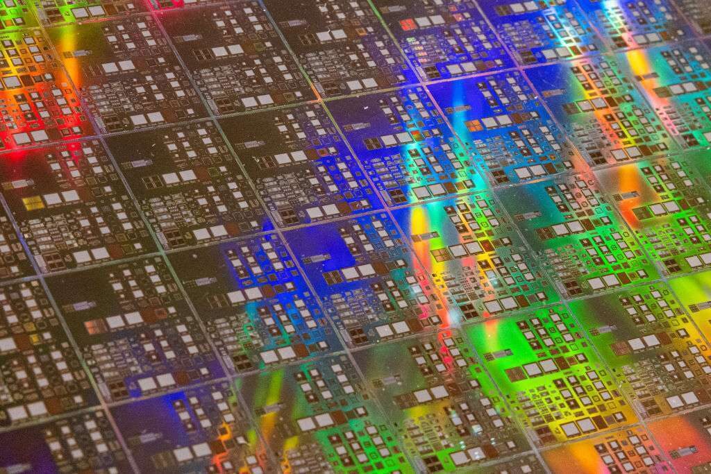 A closeup of a silicon wafer on display at Taiwan Semiconductor Research Institution in Hsinchu, Taiwan.