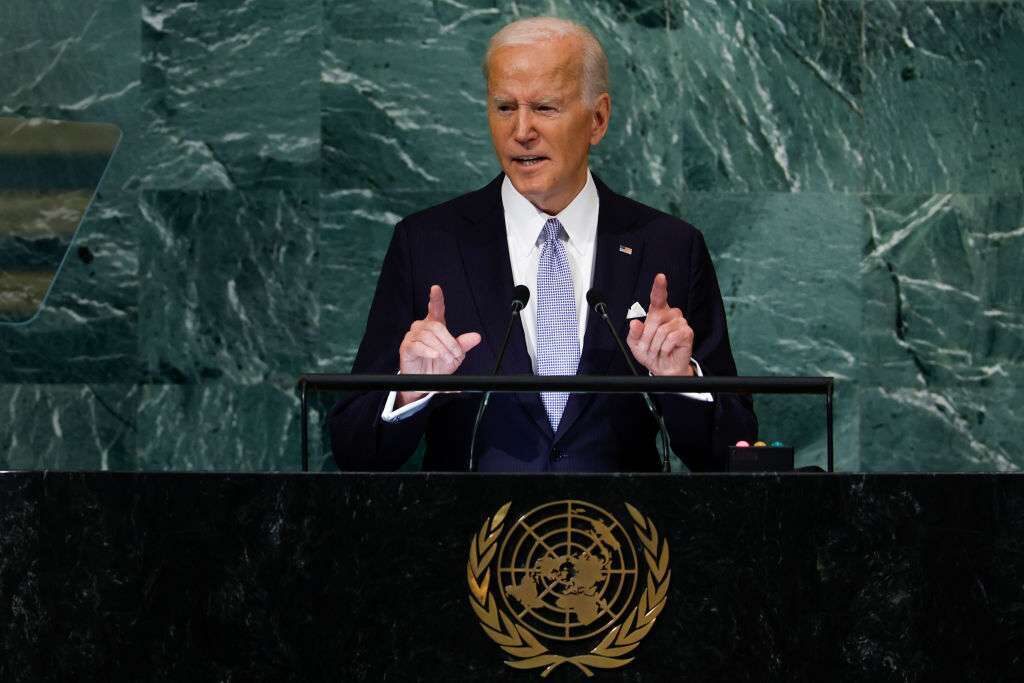 President Joe Biden gestures Tuesday as he speaks during the 77th session of the United Nations General Assembly. He again on Sunday said he would send U.S. military forces to defend Taiwan.