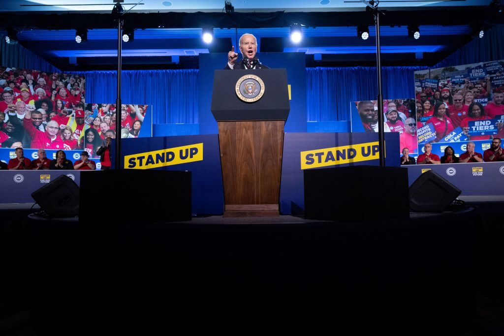 President Joe Biden speaks to a United Auto Workers conference at the Marriott Marquis Hotel in Washington, DC, on Wednesday.  