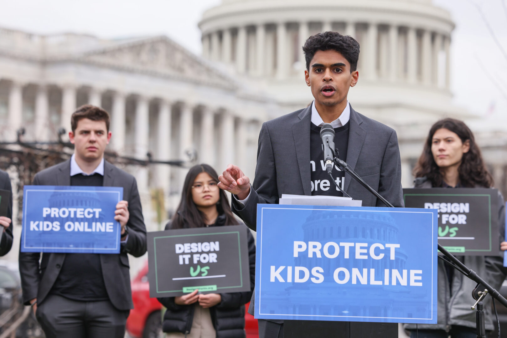 Zamaan Qureshi speaks during a rally organized by Accountable Tech and Design It For Us to hold tech and social media companies accountable for taking steps to protect kids and teens online on January 31.