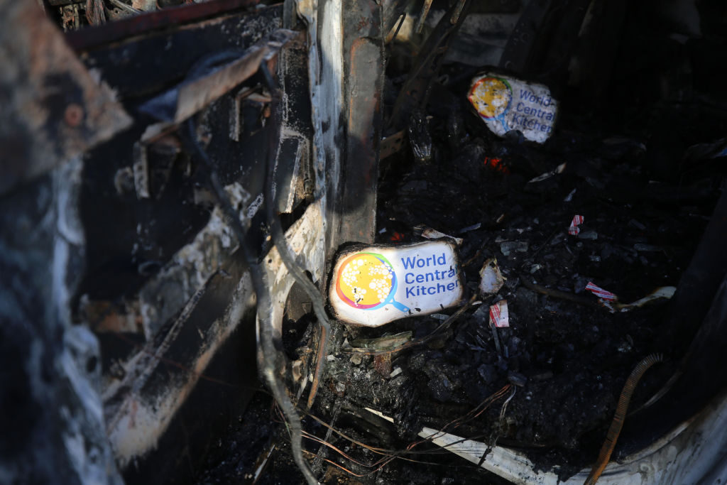 A vehicle in Deir Al-Balah, in the central Gaza Strip, in which World Central Kitchen employees were killed by an Israeli airstrike on Monday is pictured Tuesday.