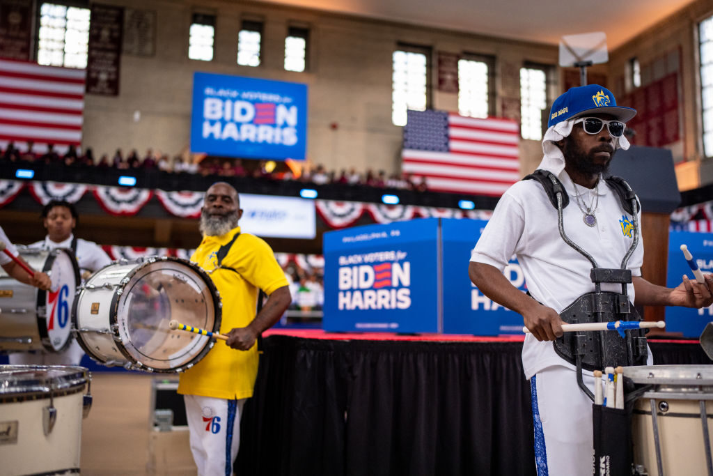 The 76ers' Sixers Stixers drum line performs before a campaign rally for President Joe Biden and Vice President Kamala Harris at Girard College on Wednesday in Philadelphia.