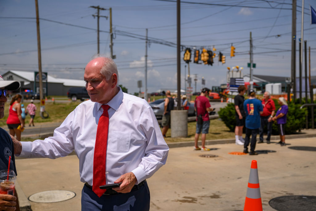 Pennsylvania Republican Rep. Mike Kelly speaks to supporters of former President Donald Trump just outside the Butler Fairgrounds the day after the July 13 assassination attempt on Trump at a campaign rally.