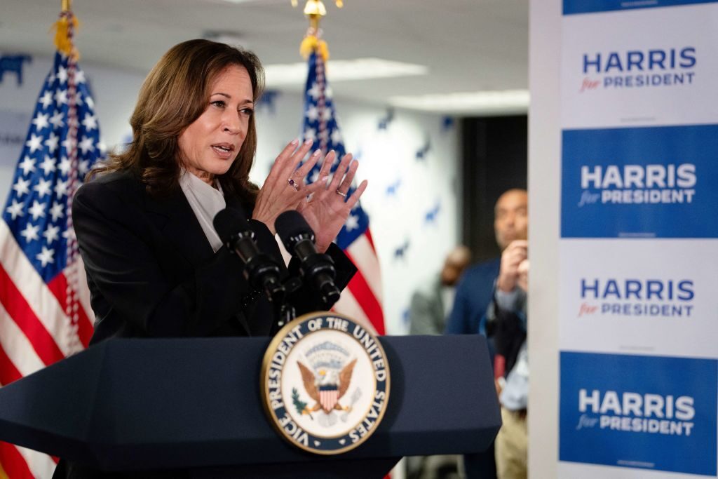 Vice President and Democratic presidential candidate Kamala Harris speaks at her campaign headquarters in Wilmington, Del., on Monday. 