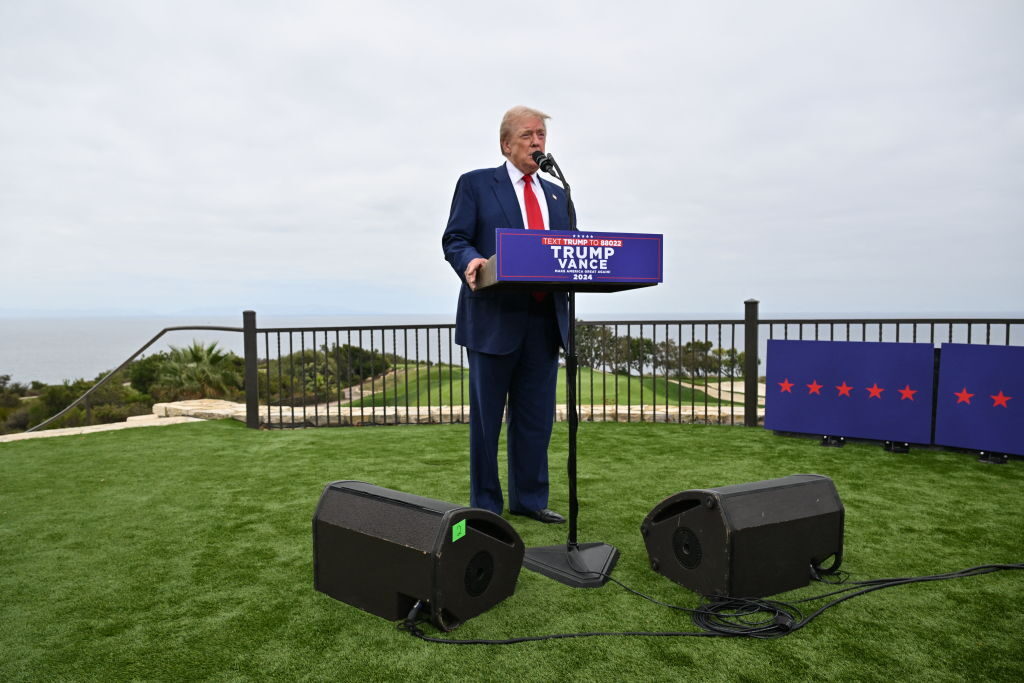 Former President and Republican presidential nominee Donald Trump speaks during a press appearance at Trump National Golf Club Los Angeles in Rancho Palos Verdes, Calif., on Friday. (Robyn Beck/AFP via Getty Images)